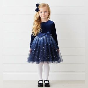 Tulle & Stretch Velvet Navy Blue Dress, girls, holiday